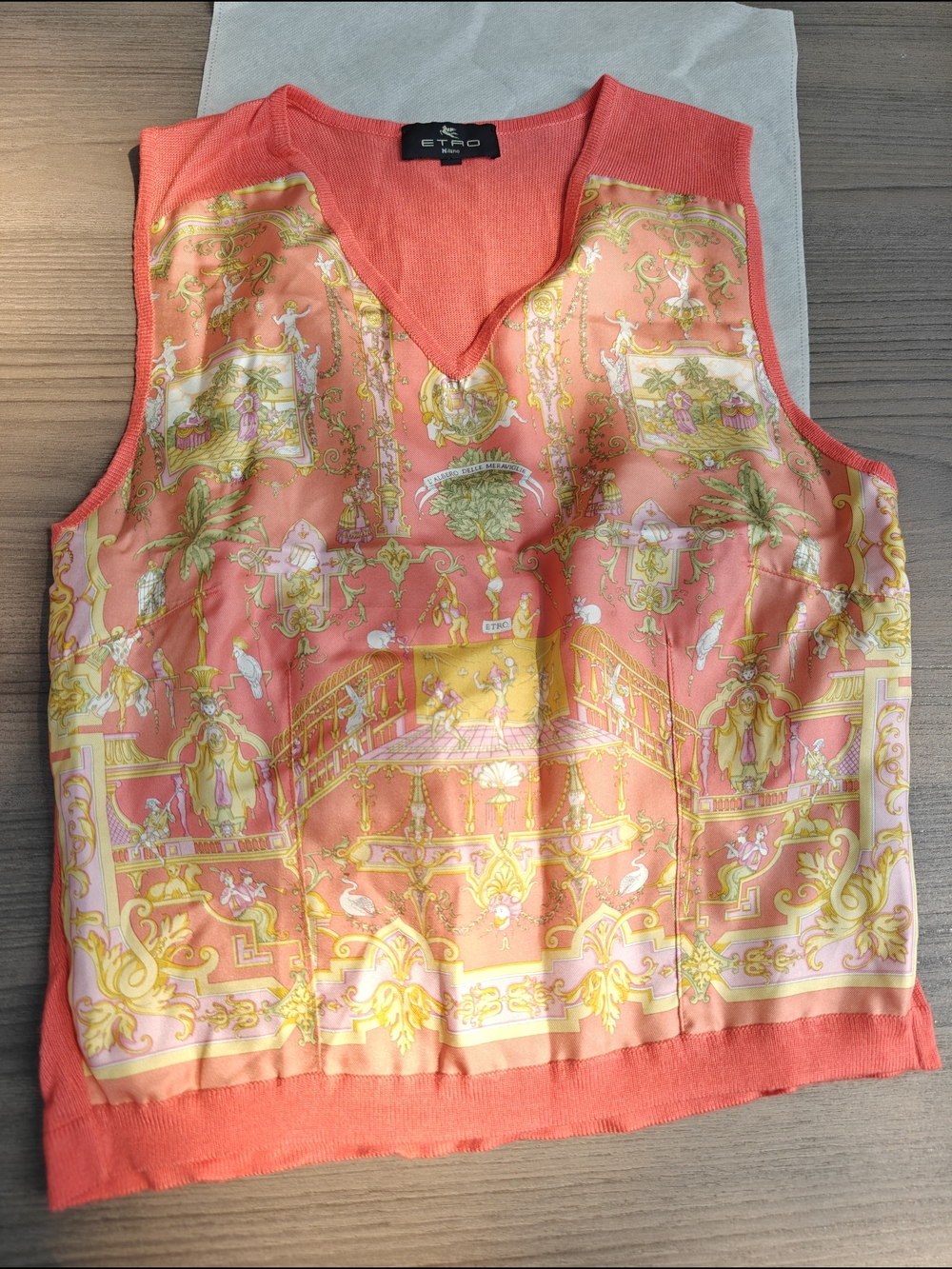 Etro Coral and Yellow Silk-Front Knit V-Neck Tank